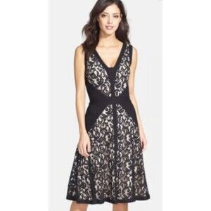 Tadashi Shoji Women's Black Lace Midi Formal Dress size 10 Slim Waist Look